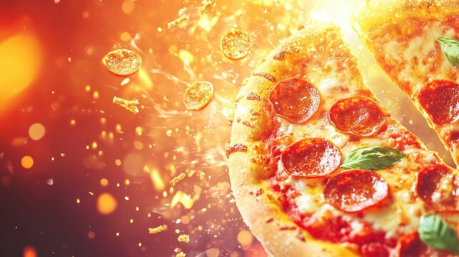 Delicious pepperoni and margherita pizza with dynamic flying ingredients and spices against a vibrant backdrop, perfect for a food advertisement banner.
