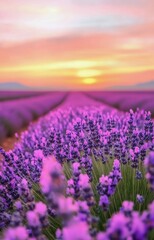Naklejka premium Lavender fields at sunset with a solitary figure under a tree in a serene landscape