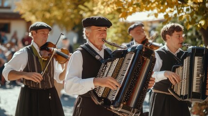 Austrian folk musicians play zither, accordion, and violin in a lively alpine village