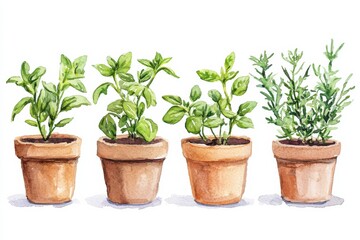 Fototapeta premium Watercolor illustration of green herb plants in terracotta pots indoor garden botanical art home decor aesthetic viewpoint, isolated on white background