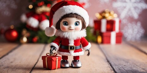 Fototapeta premium Cute smiling girl robot doll in Santa costume with Christmas gift