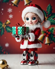 Girl robot doll in Santa Claus costume, hat cradling holding xmas gift