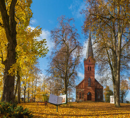 Ropazi Lutheran Church in Latvia at sunny autumn day.