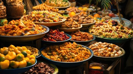 Obraz premium Vibrant display of assorted traditional food offerings arranged in various dishes, showcasing cultural diversity for a festive celebration