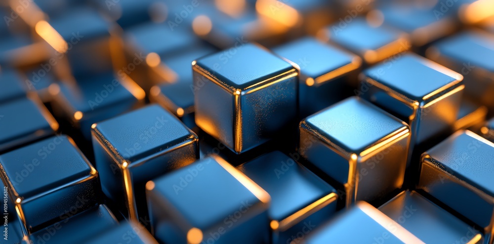 Poster A close-up view of shiny metallic cubes with warm lighting creating a visually appealing pattern.