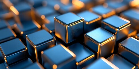 Fototapeta premium A close-up view of shiny metallic cubes with warm lighting creating a visually appealing pattern.