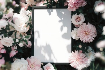 White poster in black frame placed among garden flowers in pink, white, and green tones with sunlight and shadows creating a serene, elegant composition