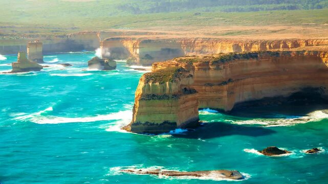 Aerial view of Twelve Apostles on the Great Ocean Road in Victoria, Australia famous attraction of the Port Campbell National Park. REAL PHOTO ANIMATED BY AI
