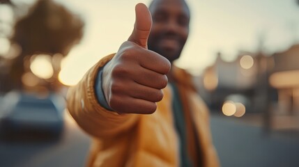 Customer giving a thumbs up gesture symbolizing approval and satisfaction, with a softly blurred background creating a warm, inviting atmosphere.