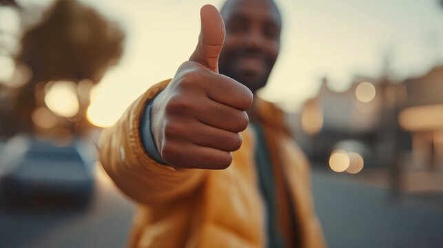 Customer giving a thumbs up gesture symbolizing approval and satisfaction, with a softly blurred background creating a warm, inviting atmosphere.