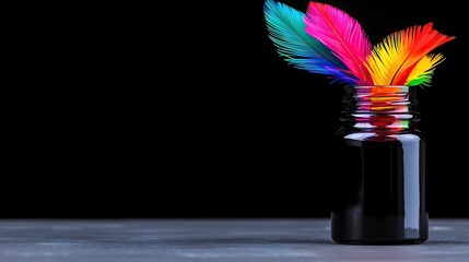 Freedom expression and symbolic, A colorful array of feathers emerges from a black ink bottle, set against a dark background, creating a striking visual contrast.
