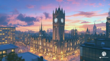 Fototapeta premium A picturesque cityscape featuring a clock tower at sunset, highlighting urban architecture.