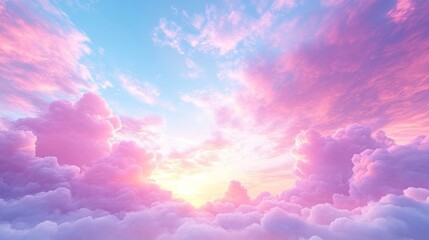 Dreamlike pastel sunrise above fluffy clouds.