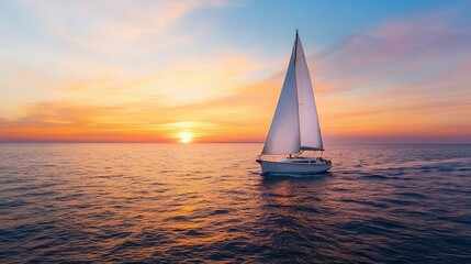Freedom expression and symbolic, A serene sailboat glides across the ocean at sunset, creating a picturesque scene with vibrant colors reflecting on the water.