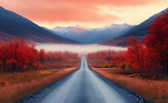 Curving road surrounded by vibrant red foliage in autumn landscape