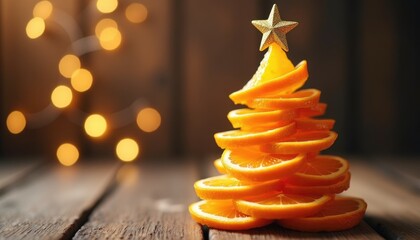 Creative orange slice Christmas tree on wooden bokeh background. Highlight healthy food and vitamins for a festive grocery campaign