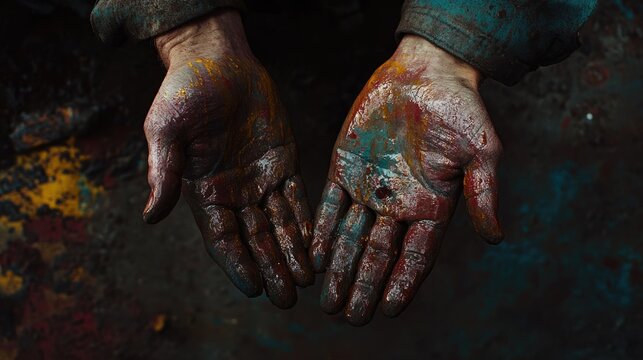 Mechanic's hands stained with colorful oil and paint residues, displaying intricate textures against a dark, gritty backdrop.