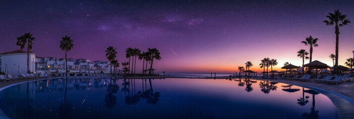 Majestic night sky over a serene beachfront resort at twilight