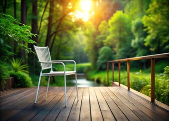 Obraz premium Tranquil Outdoor Dining Setup with White Metal Chair on Black Wooden Terrace Overlooking Lush Forest in Soft Focus, Perfect for Food and Nature Photography
