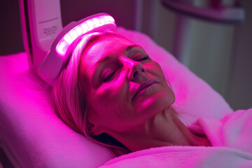 Close-up of a middle-aged woman receiving advanced pink LED light therapy for skin rejuvenation and anti-aging benefits in a modern spa or clinic.