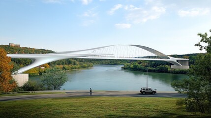 Fototapeta premium A modern bridge spans a river, showcasing innovative architecture and scenic surroundings.