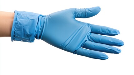 Close-up view of a blue safety glove worn on a healthcare professional's hand, showcasing its texture and fit. Ideal for medical and safety contexts.