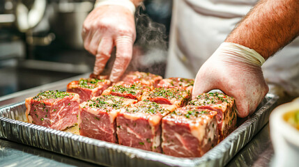 A butcher making a fresh batch of terrine, layering different types of meat in a terrine mold with care and skill for a fine dining experience.