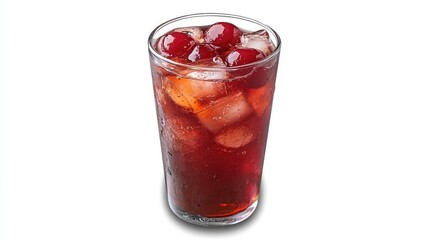 Chilled cherry-flavored drink with ice cubes and maraschino cherries in a clear glass, creating a refreshing summertime beverage.
