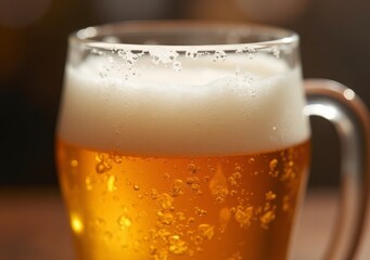 Refreshing glass of golden beer on a wooden table in a warm pub atmosphere