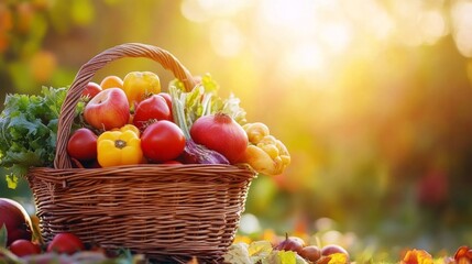 A Wicker Basket Filled with Fall Produce Amidst Autumn Leaves