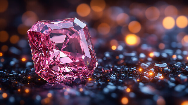A large, pink, rectangular gemstone sits on dark, sparkly material.