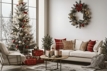 Aesthetic room interior design with Merry Christmas elements. Wall with New Year decoration in the apartment. Holiday tree in the room.