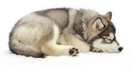 A watercolor Siberian Husky puppy curled up in a small ball, painted delicately on white