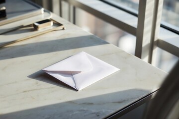 Blank white envelope resting on smooth marble desk with soft natural light and minimalist office decor creating a calm, sophisticated atmosphere