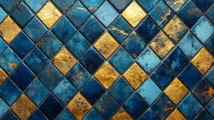 Elegant mosaic of blue and gold tiles in a seamless pattern, creating a luxurious and decorative background with a vintage feel.