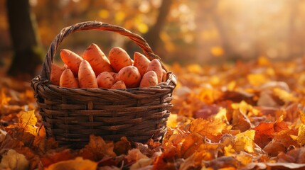 A wicker basket overflowing with sweet potatoes amidst autumn leaves