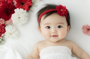 Fototapeta premium Charming baby with a red flower headband lying on a cozy surface