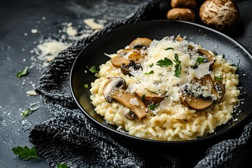 Creamy risotto with mushrooms and parmesan cheese on a plate
