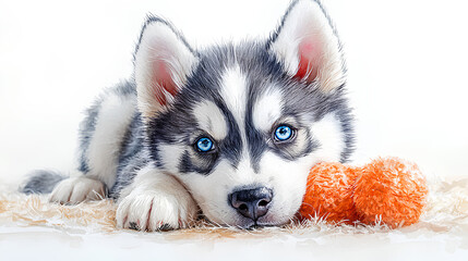 A watercolor Siberian Husky puppy playing with a small chew toy, painted cutely against white
