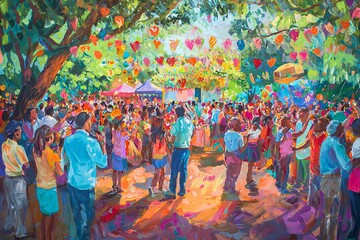 Obraz premium A vibrant festival of love showcases a diverse audience enjoying unity and joy, with colorful decorations and heartfelt expressions creating an atmosphere of warmth and shared happiness.