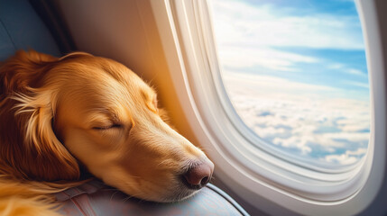 Golden retriever sleeping peacefully on an airplane seat near the window, with a stunning cloudscape view outside, capturing comfort, travel, and companionship.