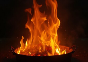 Bright flames dance in a metal fire pit surrounded by darkness