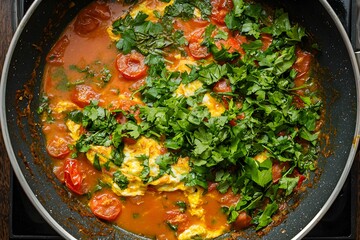 Delicious tomato and herb dish being prepared in a pan
