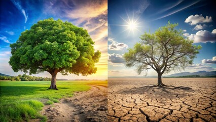 Visual Contrast of Tree Resilience: Before and After Drought, Highlighting Climate Change Impact on Ecology and Environment, Advocating for Environmental Protection and Sustainable Practices