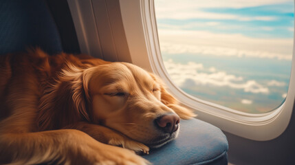 Golden retriever sleeping peacefully on an airplane seat near the window, with a stunning cloudscape view outside, capturing comfort, travel, and companionship.