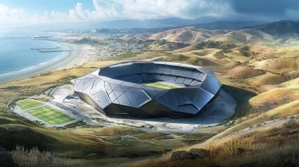 A modern stadium situated in a hilly coastal landscape, designed for sports events.