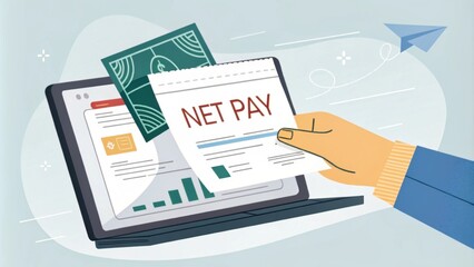 A digital representation of a paycheck being issued with Net Pay highlighted.