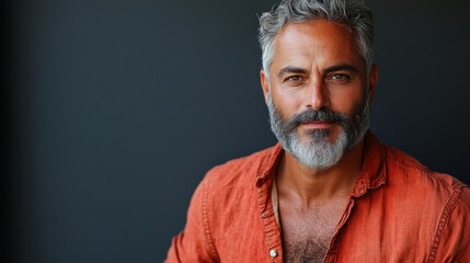Obraz premium Man with a beard and gray hair is wearing an orange shirt. He is looking at the camera with a smile on his face