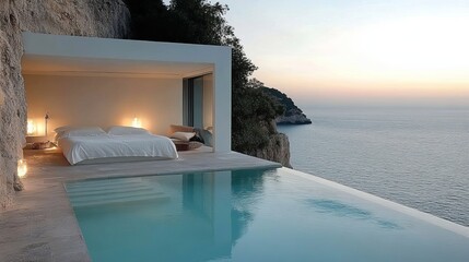 Fototapeta premium Luxurious Cliffside Bedroom with Infinity Pool and Ocean Views