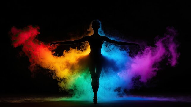 Freedom expression and symbolic, A silhouette of a dancer spreads vibrant rainbow colors against a dark background, creating a striking visual of movement and creativity.